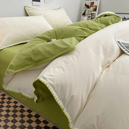 Ins Style Double Striped Bed 3-4 Pces Solid Washed Cotton Bedding with Sheets Pillowcases Skin Friendly Breathable Duvet Cover