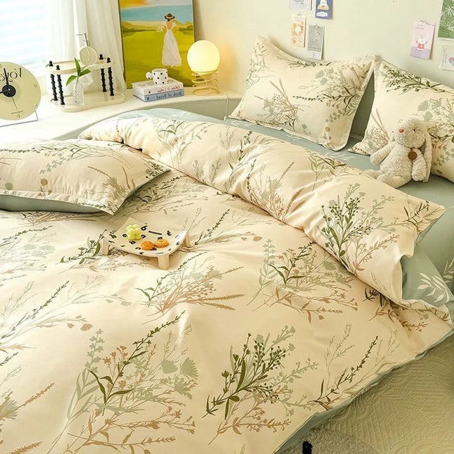 Cream Floral Bedding Set No Filler Breathable Green Ins Double Queen Size Comforter Duvet Cover Flat Sheet Pillowcase Bed Linens
