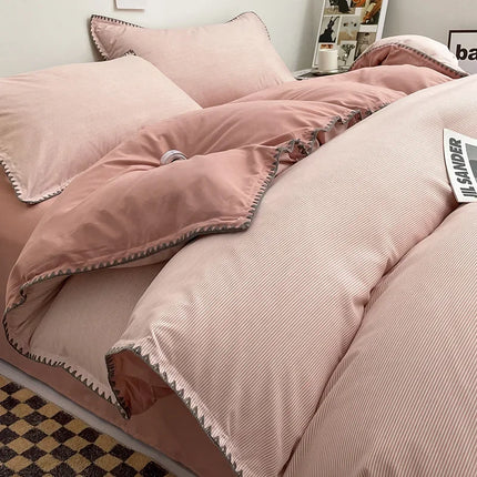 Ins Style Double Striped Bed 3-4 Pces Solid Washed Cotton Bedding with Sheets Pillowcases Skin Friendly Breathable Duvet Cover