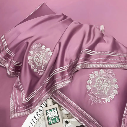 Stripe Embroidery Bedding Sets Luxury Egyptian Cotton Duvet Cover Fitted Bed Sheet Pillowcases Solid Color Mattress Cover