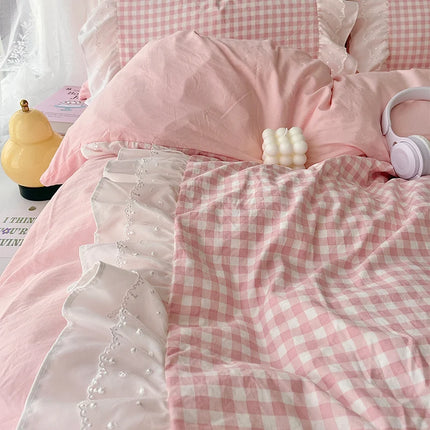 Korean Princess Style Lattice Double Layer Lace Bedding Set Soft Quilt Cover Plaid Style Duvet Covers Set Bed Sheet Pillowcases