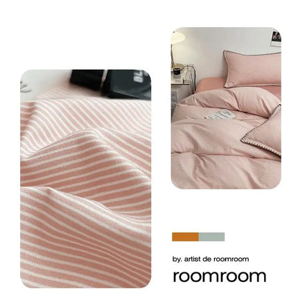 Ins Style Double Striped Bed 3-4 Pces Solid Washed Cotton Bedding with Sheets Pillowcases Skin Friendly Breathable Duvet Cover