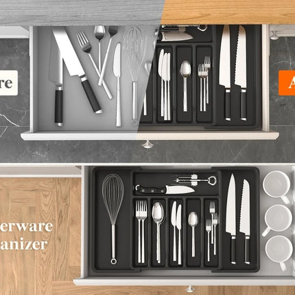 Silverware Drawer Organizer Expandable Utensil Tray for Kitchen Adjustable Flatware and Cutlery Holder Black Cutlery Organiser