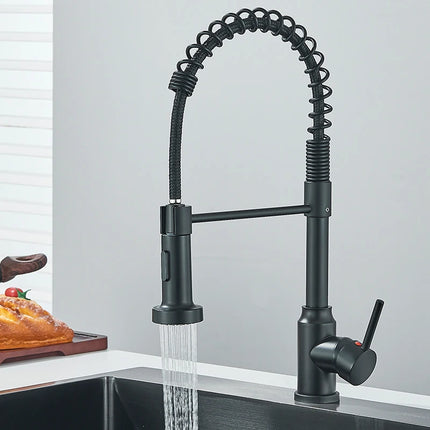 Black Spring Pull Down Kitchen Faucets Stream Spray Head Hot Cold Water Tap Stainless steel Rotation Kitchen Mixer Tap Crane