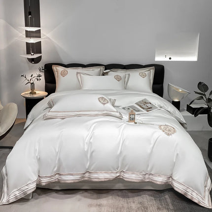 Stripe Embroidery Bedding Sets Luxury Egyptian Cotton Duvet Cover Fitted Bed Sheet Pillowcases Solid Color Mattress Cover