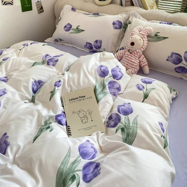 Cream Floral Bedding Set No Filler Breathable Green Ins Double Queen Size Comforter Duvet Cover Flat Sheet Pillowcase Bed Linens