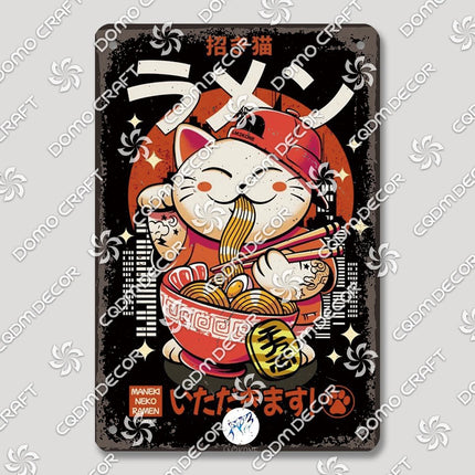 Cartoon Cat Japanese Food Plaque Tin Sign Retro Ramen Sushi Takoyaki Poster Metal Plates Bar Pub Restaurant Kitchen Wall Decor
