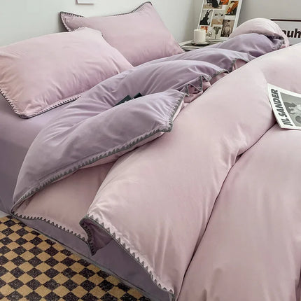 Ins Style Double Striped Bed 3-4 Pces Solid Washed Cotton Bedding with Sheets Pillowcases Skin Friendly Breathable Duvet Cover