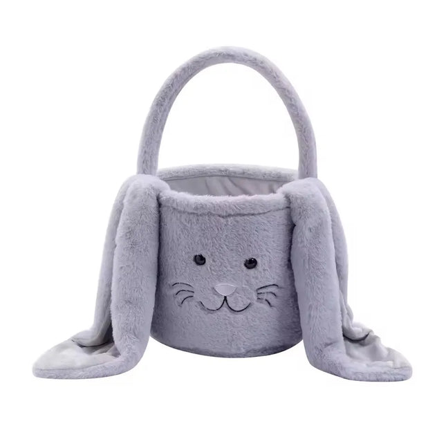 Cesta longa de orelha de coelho de pelúcia de páscoa com alça, balde de armazenamento de brinquedos de doces de pelúcia macia