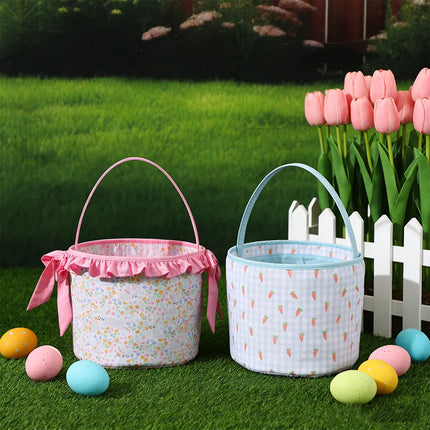 Floral Easter Basket With Ruffle And Bow For Girls Kids Carrot Candy Gift Tote Bag Egg Hunting Game Party Home Festival Decor