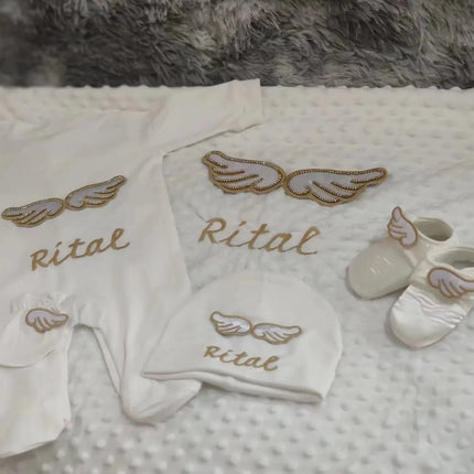 Dollbling Hospital Exit 5pcs Embroidery Name Newborn Angle Wings Romper Blanket  Nursery Bedding Swaddle Handmade Infant Outfit