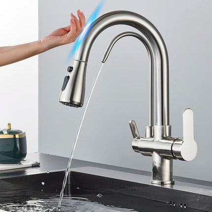 Smart Sensor Pure Water Kitchen Faucet 2 Models Spout Taps Deck Mount Daul Handle Filtered Cold Hot Water Mixer Washing Crane