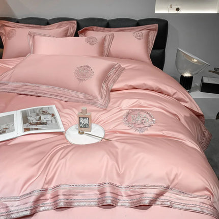 Stripe Embroidery Bedding Sets Luxury Egyptian Cotton Duvet Cover Fitted Bed Sheet Pillowcases Solid Color Mattress Cover