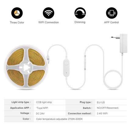 Tuya Smart WiFi Switch COB CCT LED Strip Light 3M 5M 24V Power Adapter EU/US Plug Dimmable Lamp LED Tape for Room Kitchen Decor