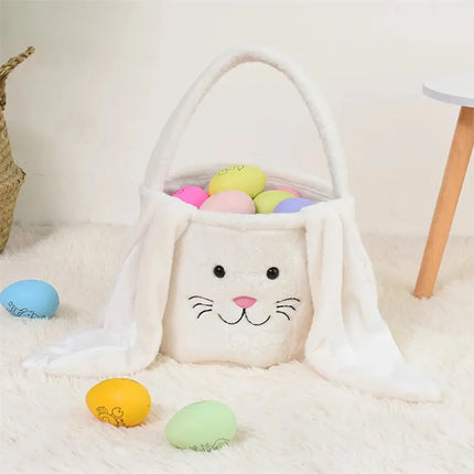 Cesta longa de orelha de coelho de pelúcia de páscoa com alça, balde de armazenamento de brinquedos de doces de pelúcia macia