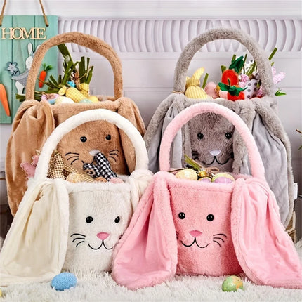 Cesta longa de orelha de coelho de pelúcia de páscoa com alça, balde de armazenamento de brinquedos de doces de pelúcia macia