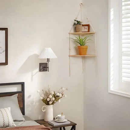 Rustic Boho Corner Macrame Shelf Hanging Wood Wall Decor