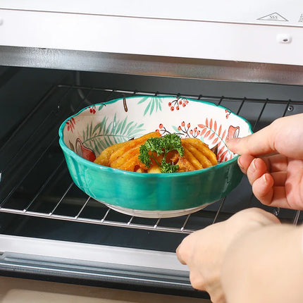Ceramic Bakeware With Handle Forest Animals Baking Pan  Underglaze  Kitchen Tableware Salad Bowl Au Gratin Dishes