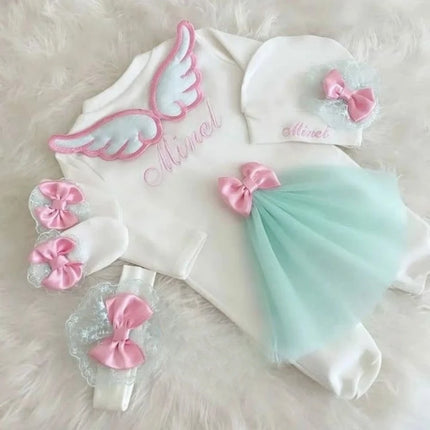 Dollbling Hospital Exit 5pcs Embroidery Name Newborn Angle Wings Romper Blanket  Nursery Bedding Swaddle Handmade Infant Outfit