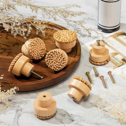 Rattan Wooden Drawer Knobs Round Handmade Cabinets Dresser Handles Wood Kitchen Cupboard Wardrobe Door Pulls for Furniture