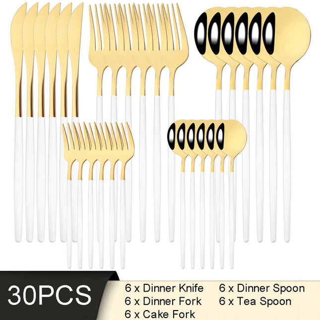 30Pcs White Gold Cutlery Set Stainless Steel Tableware Knife Cake Fork Spoon Dinnerware Set Kitchen Flatware Silverware