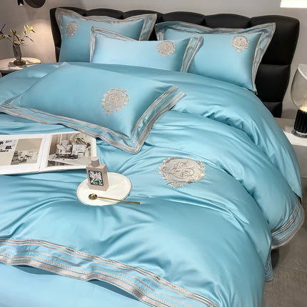 Stripe Embroidery Bedding Sets Luxury Egyptian Cotton Duvet Cover Fitted Bed Sheet Pillowcases Solid Color Mattress Cover