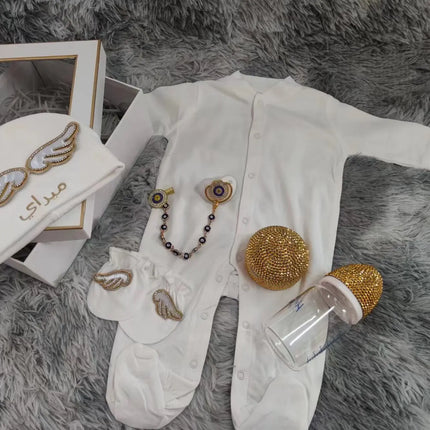 Dollbling Hospital Exit 5pcs Embroidery Name Newborn Angle Wings Romper Blanket  Nursery Bedding Swaddle Handmade Infant Outfit