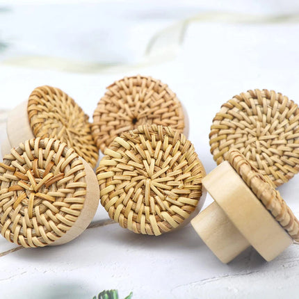 Rattan Wooden Drawer Knobs Round Handmade Cabinets Dresser Handles Wood Kitchen Cupboard Wardrobe Door Pulls for Furniture