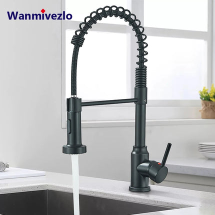 Black Spring Pull Down Kitchen Faucets Stream Spray Head Hot Cold Water Tap Stainless steel Rotation Kitchen Mixer Tap Crane