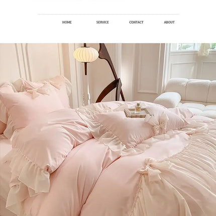 French Princess Style Bedding Sets Ruffle Lace Bow Quilt Cover Romantic Bedclothes Decor Woman Girls Bedroom Duvet Cover 4pcs