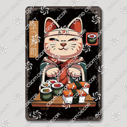 Cartoon Cat Japanese Food Plaque Tin Sign Retro Ramen Sushi Takoyaki Poster Metal Plates Bar Pub Restaurant Kitchen Wall Decor