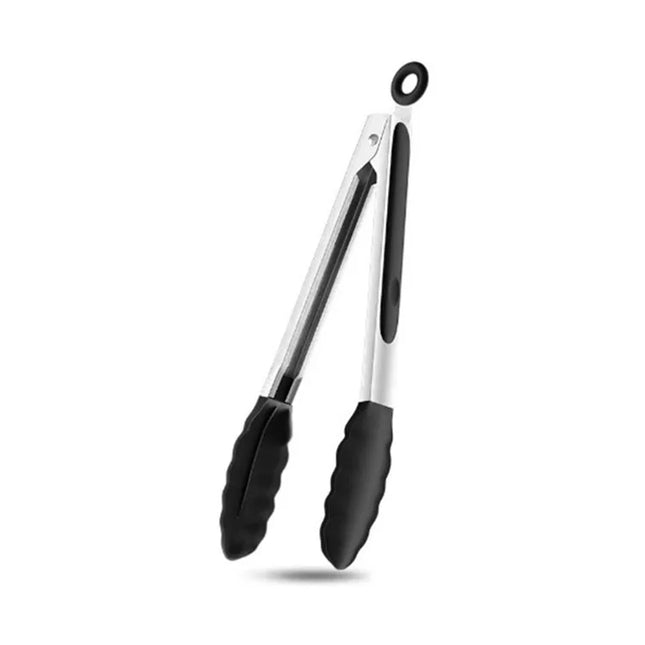 1 Pc Black Silicone Food Tongs, Stainless Steel Food Tongs Outdoor BBQ Clamps For Camping Kitchen Tongs For Baking Steak