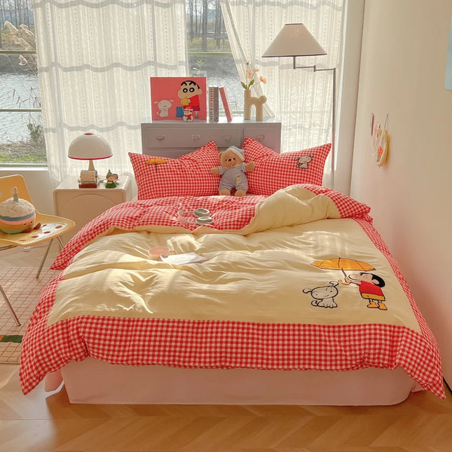 Cartoon embroidery Bedding set Plaid Duvet cover 100% Washed cotton 4pcs Bedding for Winter with Sheet Pillowcases Home Textiles