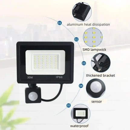 LED PIR Motion Sensor Floodlight Outdoor Wall Light White Light 100W 50W 30W 20W 10W IP66 Waterproof LED Spotlight For Garden