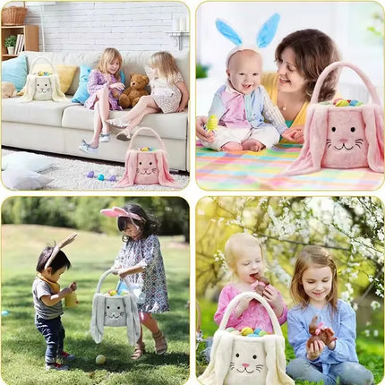 Cesta longa de orelha de coelho de pelúcia de páscoa com alça, balde de armazenamento de brinquedos de doces de pelúcia macia
