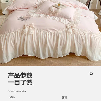 French Princess Style Bedding Sets Ruffle Lace Bow Quilt Cover Romantic Bedclothes Decor Woman Girls Bedroom Duvet Cover 4pcs
