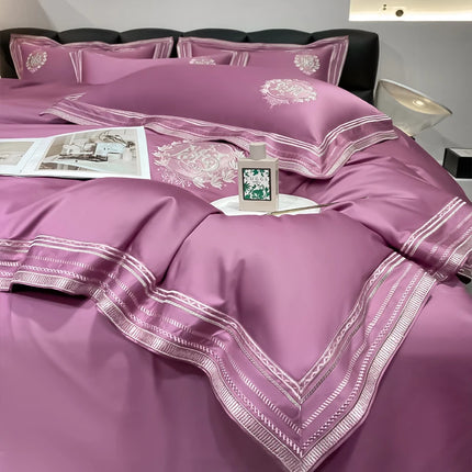 Stripe Embroidery Bedding Sets Luxury Egyptian Cotton Duvet Cover Fitted Bed Sheet Pillowcases Solid Color Mattress Cover