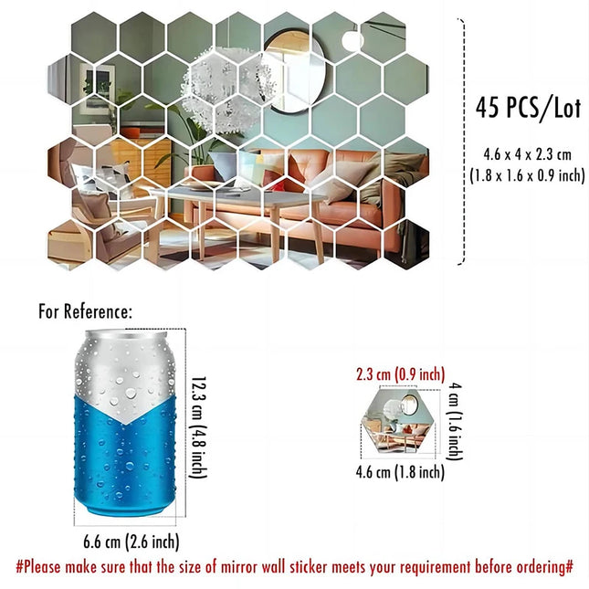 45pcs Hexagon Mirror Wall Stickers