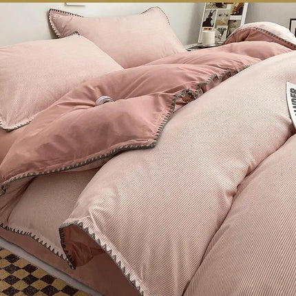 Ins Style Double Striped Bed 3-4 Pces Solid Washed Cotton Bedding with Sheets Pillowcases Skin Friendly Breathable Duvet Cover
