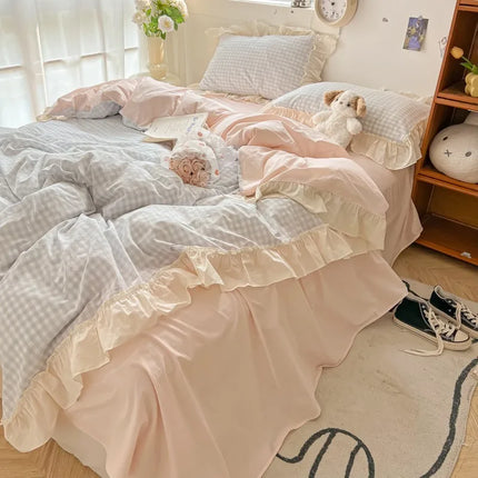 Ruffled Pink Blue Duvet Cover Set Twin Queen Washed Microfiber Ultra Soft Bedding set Grid Duvet Cover Bed Sheet 2 Pillowcases