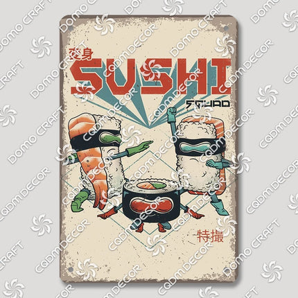 Cartoon Cat Japanese Food Plaque Tin Sign Retro Ramen Sushi Takoyaki Poster Metal Plates Bar Pub Restaurant Kitchen Wall Decor