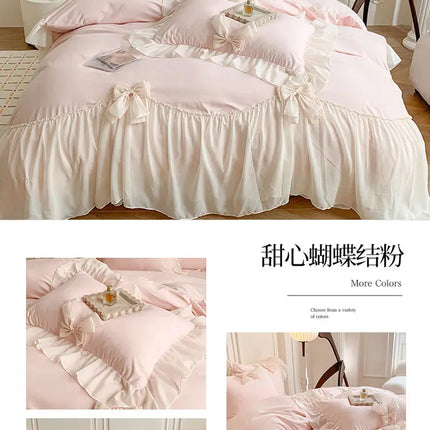 French Princess Style Bedding Sets Ruffle Lace Bow Quilt Cover Romantic Bedclothes Decor Woman Girls Bedroom Duvet Cover 4pcs