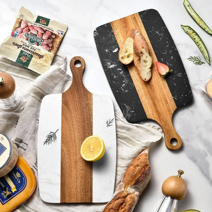 Acacia Wood Small Marble and Wooden Decorative Cutting Board for Kitchen Small Wooden Marble Cheese Board with Handle