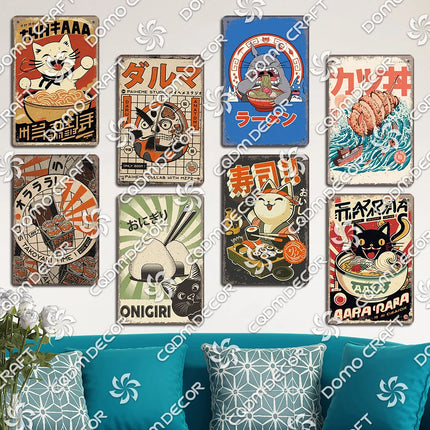 Cartoon Cat Japanese Food Plaque Tin Sign Retro Ramen Sushi Takoyaki Poster Metal Plates Bar Pub Restaurant Kitchen Wall Decor