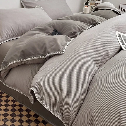 Ins Style Double Striped Bed 3-4 Pces Solid Washed Cotton Bedding with Sheets Pillowcases Skin Friendly Breathable Duvet Cover