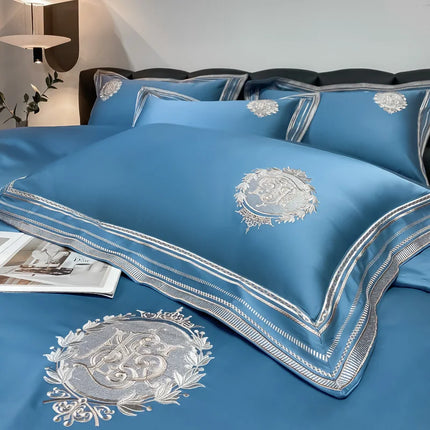 Stripe Embroidery Bedding Sets Luxury Egyptian Cotton Duvet Cover Fitted Bed Sheet Pillowcases Solid Color Mattress Cover
