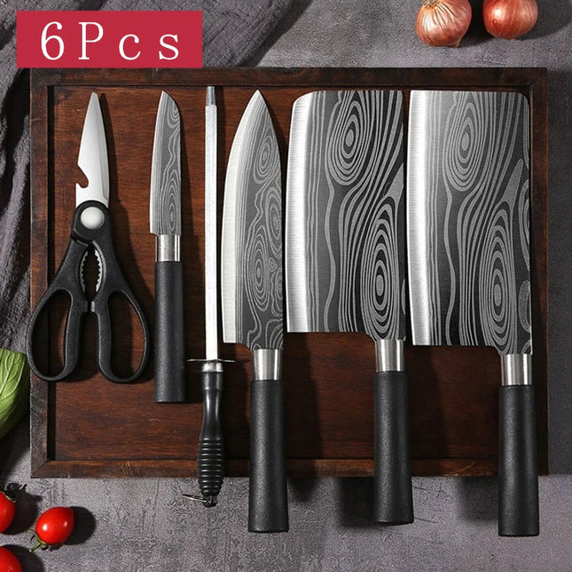 Laser Damascus Pattern Kitchen Knives Scissors Sharpening Rod Set
