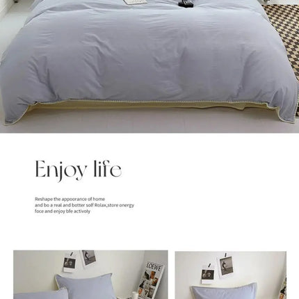 Ins Style Double Striped Bed 3-4 Pces Solid Washed Cotton Bedding with Sheets Pillowcases Skin Friendly Breathable Duvet Cover