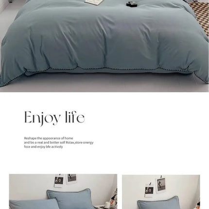 Ins Style Double Striped Bed 3-4 Pces Solid Washed Cotton Bedding with Sheets Pillowcases Skin Friendly Breathable Duvet Cover