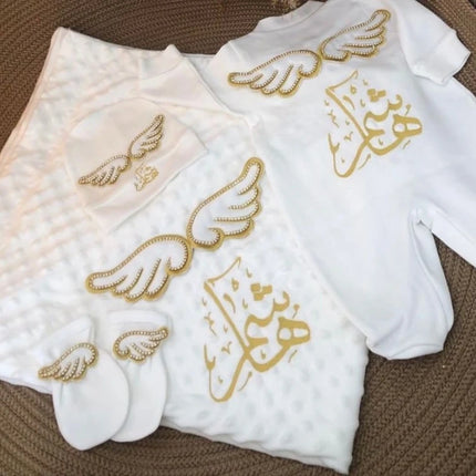 Dollbling Hospital Exit 5pcs Embroidery Name Newborn Angle Wings Romper Blanket  Nursery Bedding Swaddle Handmade Infant Outfit
